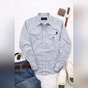 NWT FORGE FR Blue White Pearl Snap Long Sleeve Midweight Shirt. Mens XXL